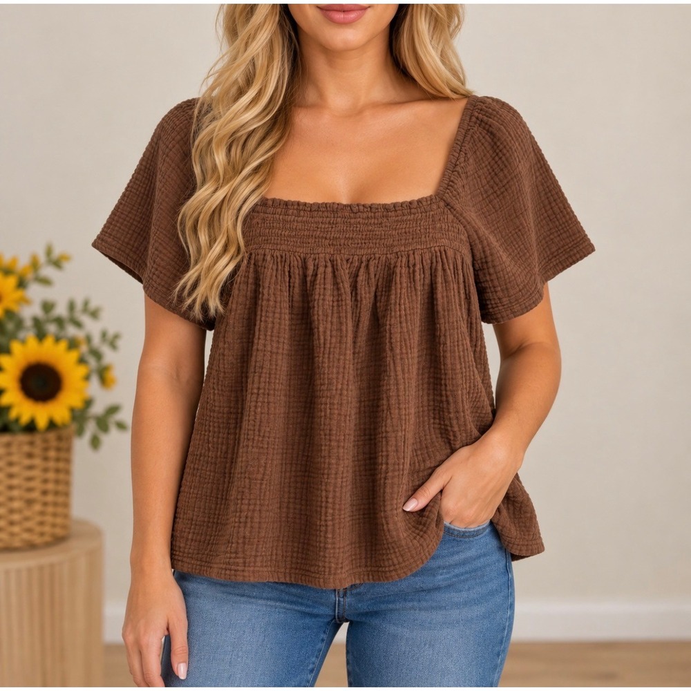 Joyspun Smocked Gauze Top M Brown Good Short Sleeve Square Neck Cotton